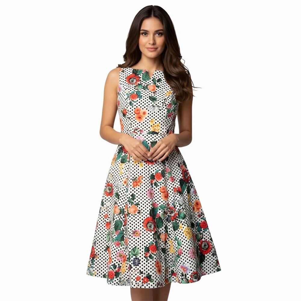 H & R London Women's Floral Polka Dot Sleeveless Knee Length‎ Dress - Picture 2 of 4